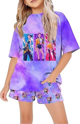 Kpop Themed Girls Outfit Set 2 Piece Tie Dye T-Shirt and Shorts with Demon Design for Birthday Parties