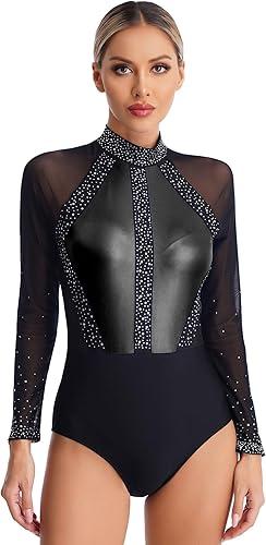 Freebily Womens Sheer Mesh Long Sleeve Bodysuit Sequined Mock Neck Ballet Gymnastic Leotards Dancewear