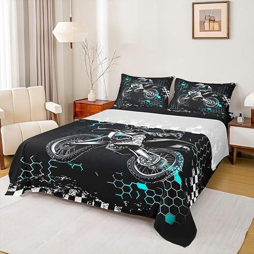 Castle Fairy Motocross Rider Sheet Sets Full Size,Honeycomb Geometric Abstract Teal Fitted Sheet Set,Kids Teens Bedroom Decor,Extreme Sport Games Bed Sheets Set 4pcs