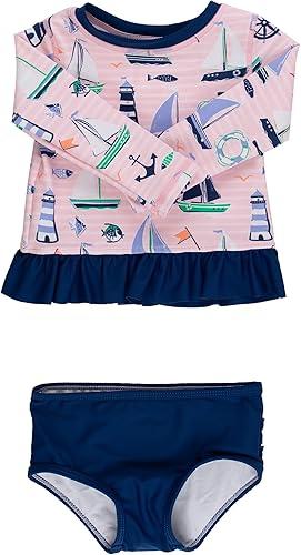 RuffleButts Baby/Toddler Girls Long Sleeve Rash Guard UPF50+ Sun Protected Bikini Swimsuit