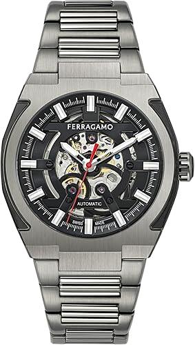 Ferragamo Ferragamo Supreme Skeleton Collection Luxury Mens Watch Timepieces with a Grey Bracelet Featuring a Gun Case and a Black Dial