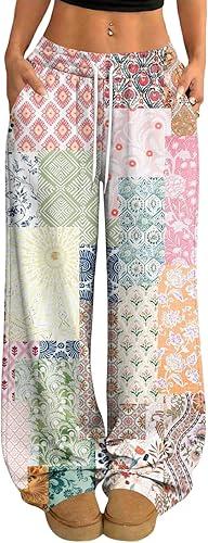 Women's Fashion Floral Print Wide Leg Sweatpants High Waisted Drawstring Baggy Lounge Joggers with Pockets