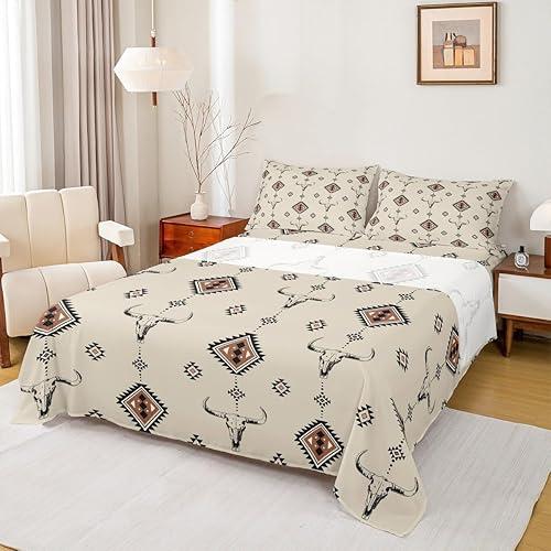 Castle Fairy Western Bed Sheet Set Twin Size 3Pcs,Tribal Southwestern Boho Bedding Sets,Country Cow Skull Flat Sheet + Fitted Sheet for Kids Adults Girls Boys Teens Room Decor