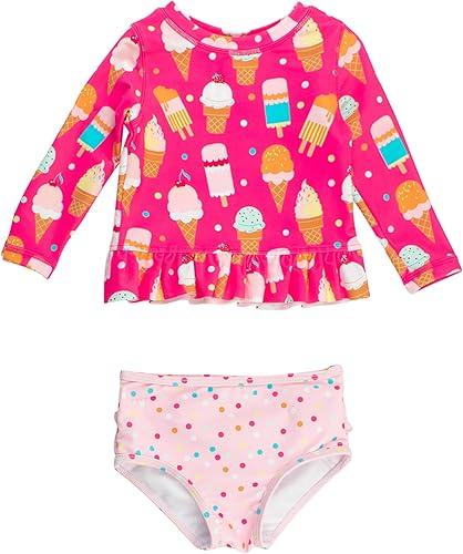 RuffleButts Baby/Toddler Girls Long Sleeve Rash Guard UPF50+ Sun Protected Bikini Swimsuit