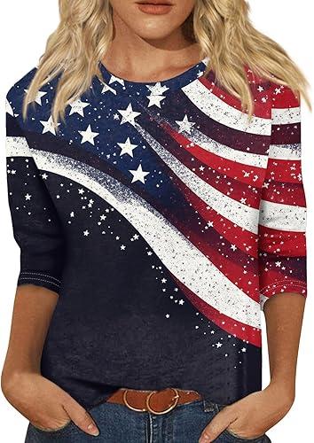 KIKX0DE 4Th of July Shirts Women 3/4 Sleeve Crewneck Cute Shirts Casual Print Three Quarter Length T Shirt