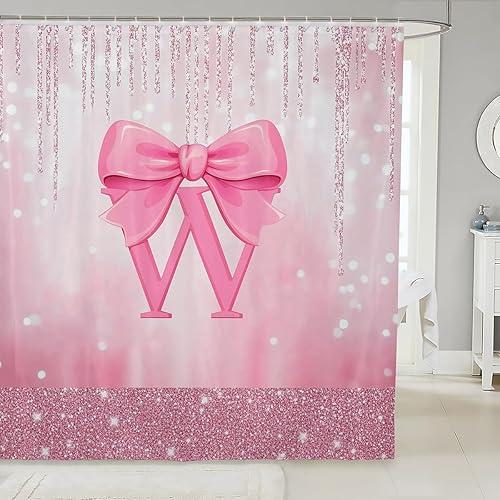 Feelyou Boys Girls Pink Bowknot Bathroom Shower Curtain Set Personalized Initial W Bath Curtain Princess Glitter Shower Curtain Kids Bow Monogrammed Teens Bathroom Accessories Bedroom Decor 72"x84"