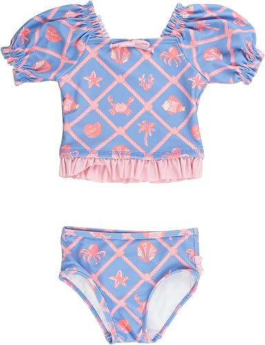 RuffleButts Baby/Toddler Girls UPF50+ Puff Sleeve Ruffle Tankini 2-Piece Swimsuit