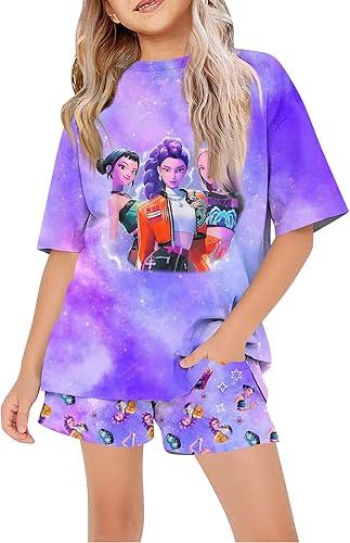Girls Kpop Tie Dye T-Shirt and Shorts Set 2 Piece Short Sleeve Tee with Demon Themed Print for Kids Hunters Outfit
