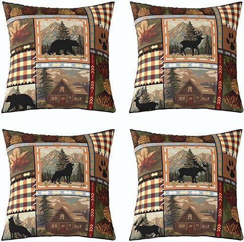 Feelyou Vintage Bear Throw Pillow Covers 16"x16" Set of 4 Soft for Kids Boys Girls Cabin Deer Hunting Decor Pillowcases Farmhouse Wolf Moose Wild Animal Brown Cushion Case Bedroom Decor