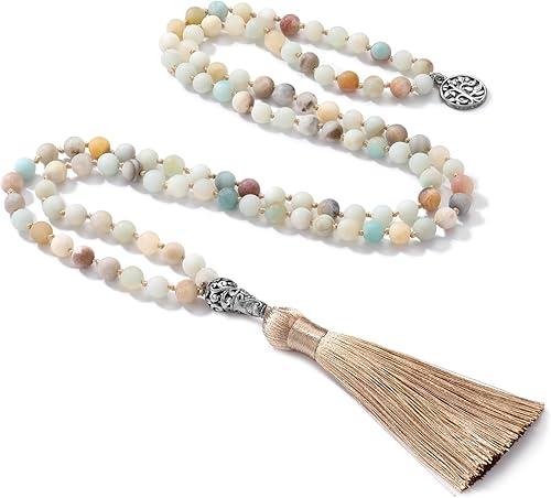 INBLUE 108 Mala Prayer Beads Wrap Necklace with Long Tassel Boho Necklace for Women Amazonite Bead Bracelet with Spiritual Tree of Life Pendant 108 Beads Necklace for Meditation