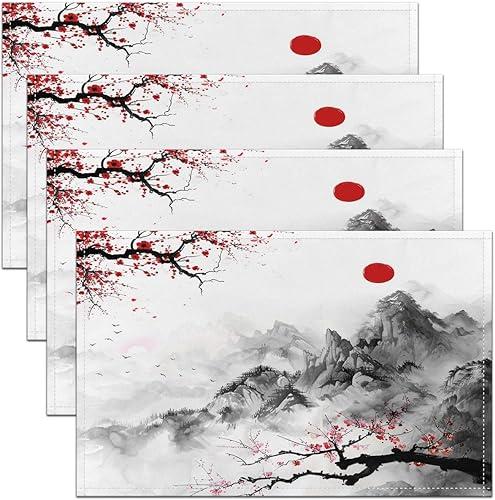 Feelyou Cherry Blossoms Placemats Set of 4 Japanese Ukiyoe Placemat for Kitchen Dining Table 18"x12" Red Sun Fuji Mountain Home Decor Table Place Mats Japanese-Style Indoor Outdoor Decor Table Mats