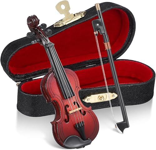 Mini Violin Ornament with Rack, Bow and Box - Wooden Miniature Musical Instrument Violin Model Collectible Figurines Dollhouse Accessories Home Decoration Display Ornament - 3.15" x 1.18"