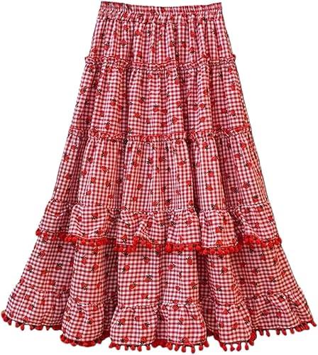 Long Plaid Skirt Lolita Kawaii Gingham Strawberry Tiered Ruffle Flowy Elastic High Waisted A Line Midi Skirts
