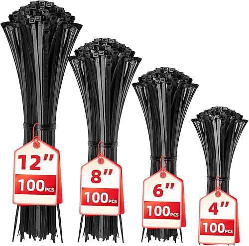Cable Zip Ties,400 Pack Black Assorted Sizes 12+8+6+4 Inch,Multi-Purpose Self-Locking Nylon Cable Cord Management,Plastic Wire Ties for Home,Office,Garden,Workshop. By HAVE ME TD — 30% off