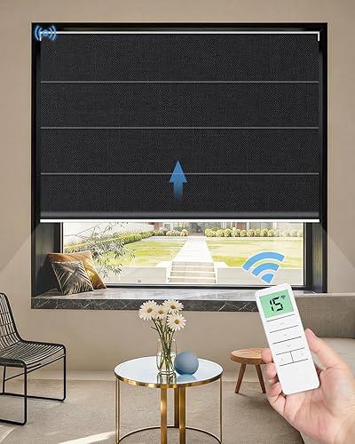 Motorized Roman Shades for Windows, Custom Blackout Roman Blinds with Remote, Smart Room Darkening Window Shades for Bedroom Bathroom Office, Alexa & Google Home Compatible, App Control via RF Hub