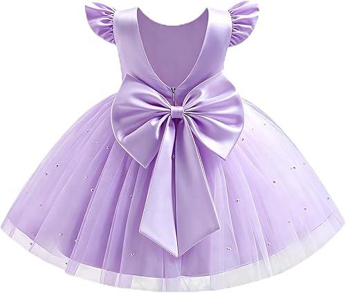 Infant Baby Girls Wedding Flower Girl Dress Pearls Tulle Tutu Dress Bowknot V Back Pageant Party Birthday Formal Dresses