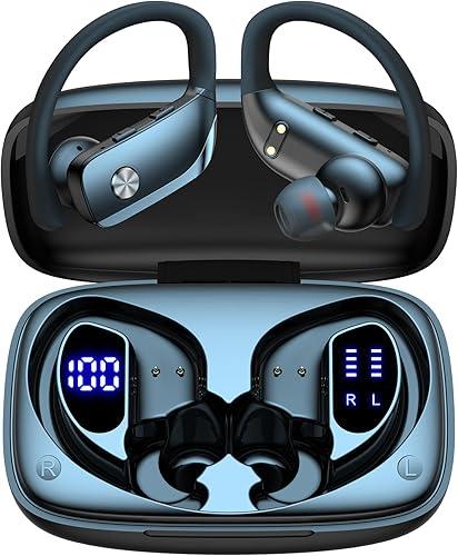 bmani Ear Buds Wireless Earbuds Bluetooth Headphones with 80H Playtime LED Display Case, Over-Ear Hook with Mic, Stereo Sound, Easy Button Controls, Sports Earphones for Running Workout Gym Black