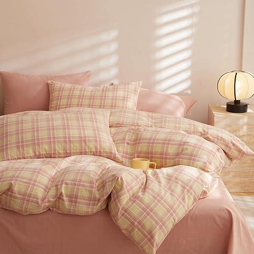 EAVD Vintage Style Gingham Comforter Set Queen Soft 100% Washed Cotton Retro Yellow&Pink Grid Checkered Bedding Set with 2 Pillowcases Reversible Geometric Plaid Comforter Set for All-Season