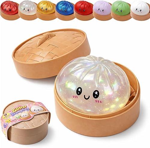 Dumpling Squishy, Squishy Dumpling Toy, Glitter Dumplings Squishiest Toy with Steamer Box, Stress & Anxiety Relief Toys for Kids & Adults Non-Edible (White)