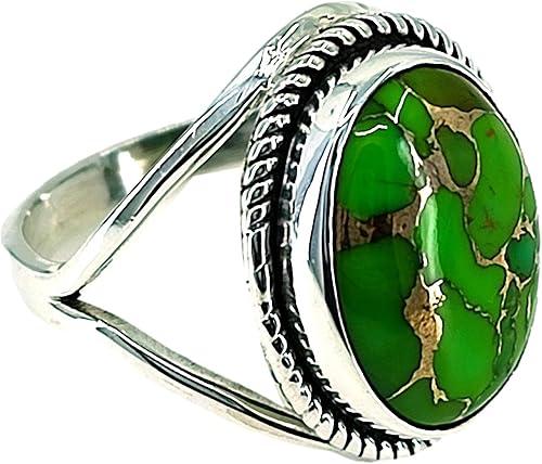 Navya Craft Green Copper Turquoise Ring, 925 Sterling Silver Statement Promise Ring for Women, Natural Turquoise Oval Gemstone Handmade Boho Jewelry, December Birthstone Gift