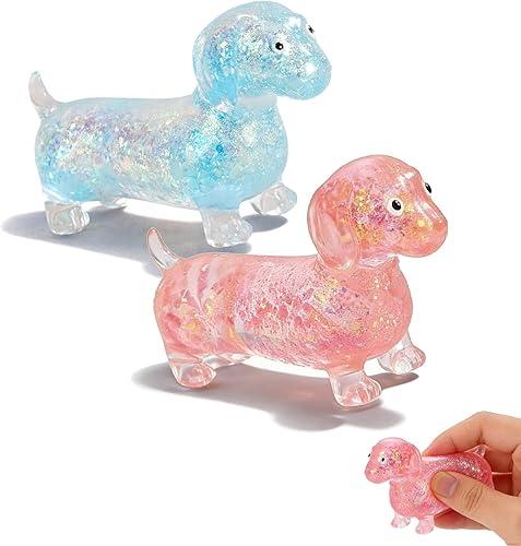 Dachshund Squishy, Glitter Weiner Dog Squishy for Adults, Soft Squeeze Decompression Dough, Stress-Relieving, Ultra-Soft Touch (Pink+Blue)