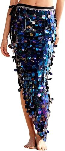 easyforever Women's Belly Dance Long Hip Skirts Sparkly Sequin Lace-Up Mermaid Hip Scarf Skirt