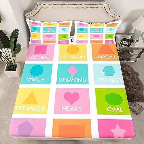 Feelyou Kids Shapes Fitted Sheet Queen Size, Educational Bed Sheet Set Boys Girls Preschool Bedding Set Learning Teens Bedroom Decor Lightweight Bed Set (No Flat Sheet)