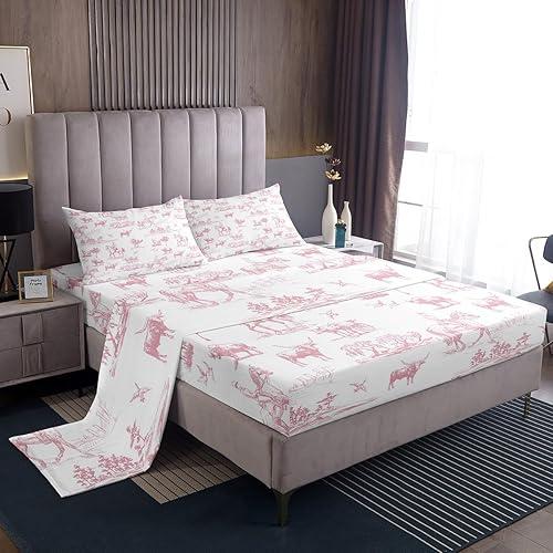 Western Pink Bed Sheet Full Size,Cowboy Cowgirl Bedding Sets 4Pcs for Kids Girls Boys Teens Room Decor,Highland Cow Horse Fitted Sheets Desert Cactus Print Top Flat Sheet,2 Pillowcases
