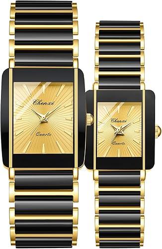 Gosasa Vintage Couple Watches Men and Women Matching Quartz Square Ceramic Bracelet His and Hers Set Pair Rectangular Black Gold Dress Watches 30M Water Resistant