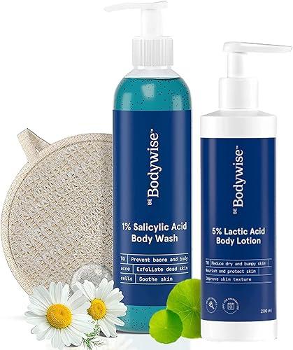 Metrol Be Bodywise 1% Salicylic Acid Bodywash 375 mL with Loofah & 5% Lactic Acid Lotion 200 mL for Women | Helps to Prevent Body Acne, Cleanses Skin & Nourishes Skin | Paraben and SLS Free