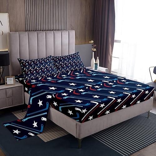 Feelyou Ice Hockey Bed Sheets Sets Twin Size Kids Boys Girls Hockey Sports Bedding Set Game Fitted Sheet with 16-Inch Deep Pockets Blue 3Pcs with 1 Pillow Cases