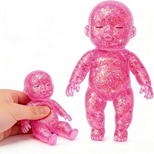 Glitter Babies Doll Squishies Stress Toy – 4" Soft Squeezable Fidget Toy, Cute Sparkly Sensory Decompression Doll for Adults, Portable Desk Decor & Anxiety Relief Gift (Pink)