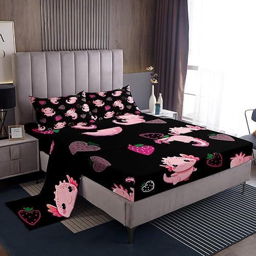Feelyou Cute Axolotl Bed Sheets Set Twin Size Cartoon Salamander Bed Set for Kids Boys Girls Kawaii Ocean Sealife Deep Pocket Fitted Sheet Strawberry Breathable Soft Lightweight Microfiber Pink Black