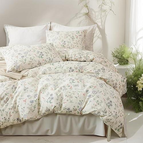 EAVD Vintage Garden Floral Duvet Cover King Soft 100% Cotton Chic Spring Leaves Floral Bedding Set with 2 Pillowcases Fresh Reversible Botanical Comforter Cover with Zipper Closure