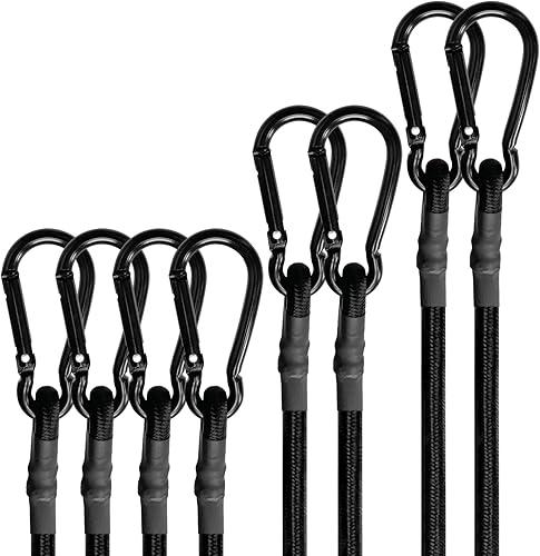 BEXSLE Bungee Cords with Carabiner Hooks Heavy Duty, Outdoor Black Bungee Straps, Strong Industrial Grade Elastic Bungee Rope for Securing Tarps, Luggage, Tents,Bikes, 12in + 24in + 48in,8pcs