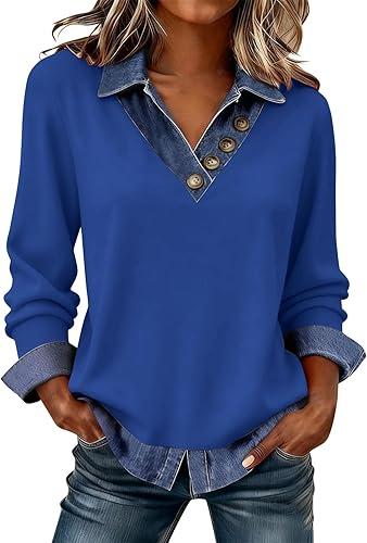 Oplxuo Women's Long Sleeve Shirts with Denim Collar Cuffs Buttons Decor V-Neck Tops Dressy Casual Office Outfits