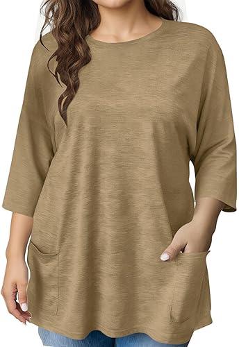 Womens Plus Size Tops 3/4 Sleeve Crewneck Blouses Oversized Tee Shirts Casual Loose Tunic Tops with Pockets 1X-5X
