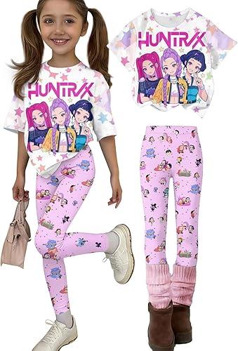K Pop Outfits Set for Girls Short Sleeve T-Shirt and Long Pants for Ages 2-12 Clothes