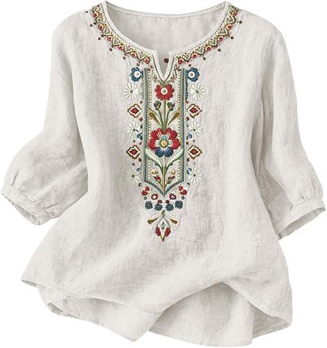 Boho Linen Tops for Women 3/4 Sleeve V Neck Breathable Embroidered Top Flowy Floral Shirts Loose Dressy Casual Blouses