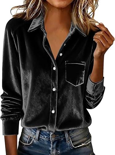 Women's Velvet Tops 2026 Long Sleeve Button Down Shirts Lapel Soft Pullover Blouses Velour Tunic Shirt with Pockets