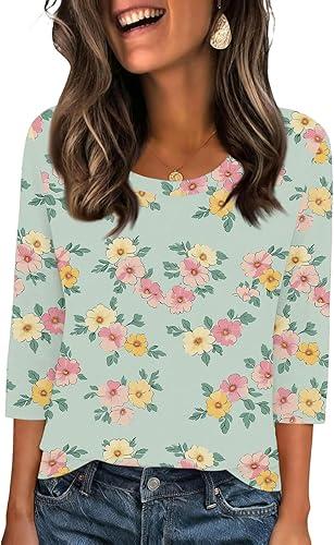 Women's Travel Long Sleeve Shirts 2026 Summer Round Neck Tops Basic Floral Print Tshirts Funny Clothing