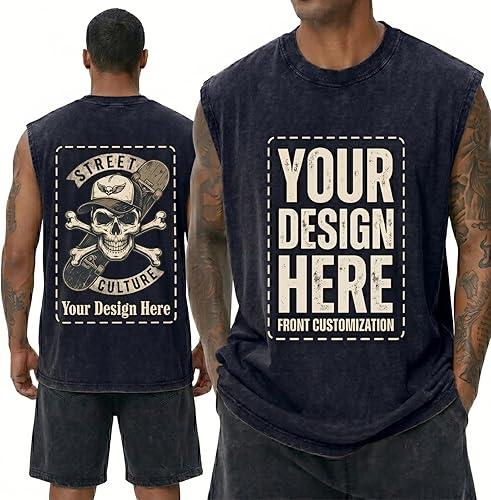 Custom Vintage Acid Wash Tank Top - Personalized Sleeveless T-Shirt with Double-Sided Print, Loose Fit Muscle Shirt
