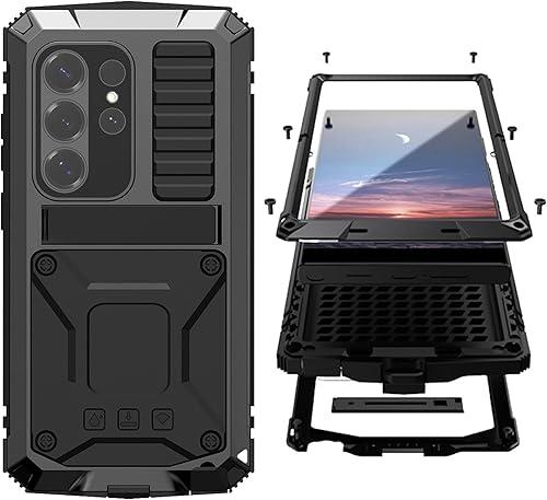 Simicoo Compatible with Samsung Galaxy S26 Ultra Metal Case with Stand Screen Protector Camera Cover Metallic Military Hybrid Durable Dust Proof Heavy Duty Full Body Cover Phone Case Man (Black)