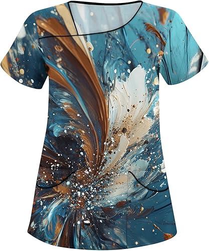 Scrubs for Women Plus Size Stretchy Scrub Tops Asymmetric Neck Short Sleeve Floral Nursing Uniforms with Pocket
