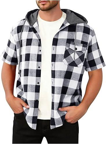 Mens Plaid Button Down Flannel Shirt Short Sleeve Hooded Tops Summer Casual Hawaiian Beach Tops with Pocket