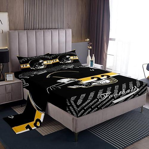 Feelyou Football Bed Sheets Set Queen Size Pittsburgh Bed Set for Kids Boys Girls Football City Deep Pocket Fitted Sheet Sports Games Breathable Soft Lightweight Microfiber