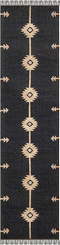 Wool Jute Runner 2x6 Kilim Reversible Southwestern Runner Moroccan Design Beige Black Hand Woven Rug Thick 0.19" Flatweave Carpet Indoor Outdoor Rugs for Kitchen Hallway Enterway