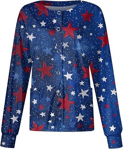 Scrub Jackets for Woman 4th of July Patriotic American Flag Print Scrub Top Plus Size Long Sleeve Button Nurse Jacket