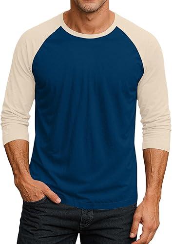 Mens Comfortable 3/4 Sleeve Shirts Classic Crewneck Raglan Tops Fall Big and Tall Shirt Color Blocked Clothes