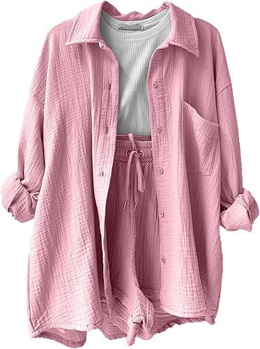 Women's Casual 2 Piece Outfit -Linen Long Sleeve Button Shirts Matching High Waist Drawstring Shorts Sets, S-2XL